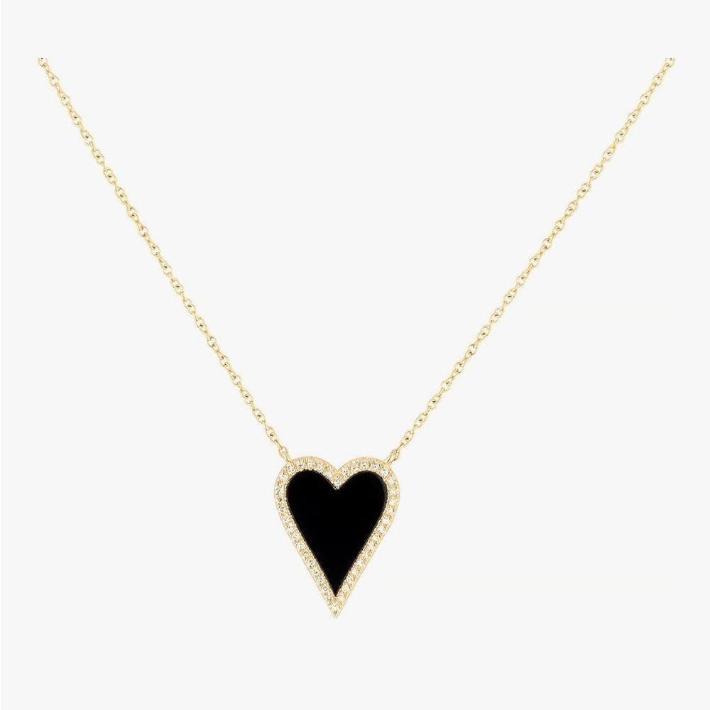 18K Gold Heart Necklace Black Enamel Paperclip Chain Dainty CZ Charm Pendant